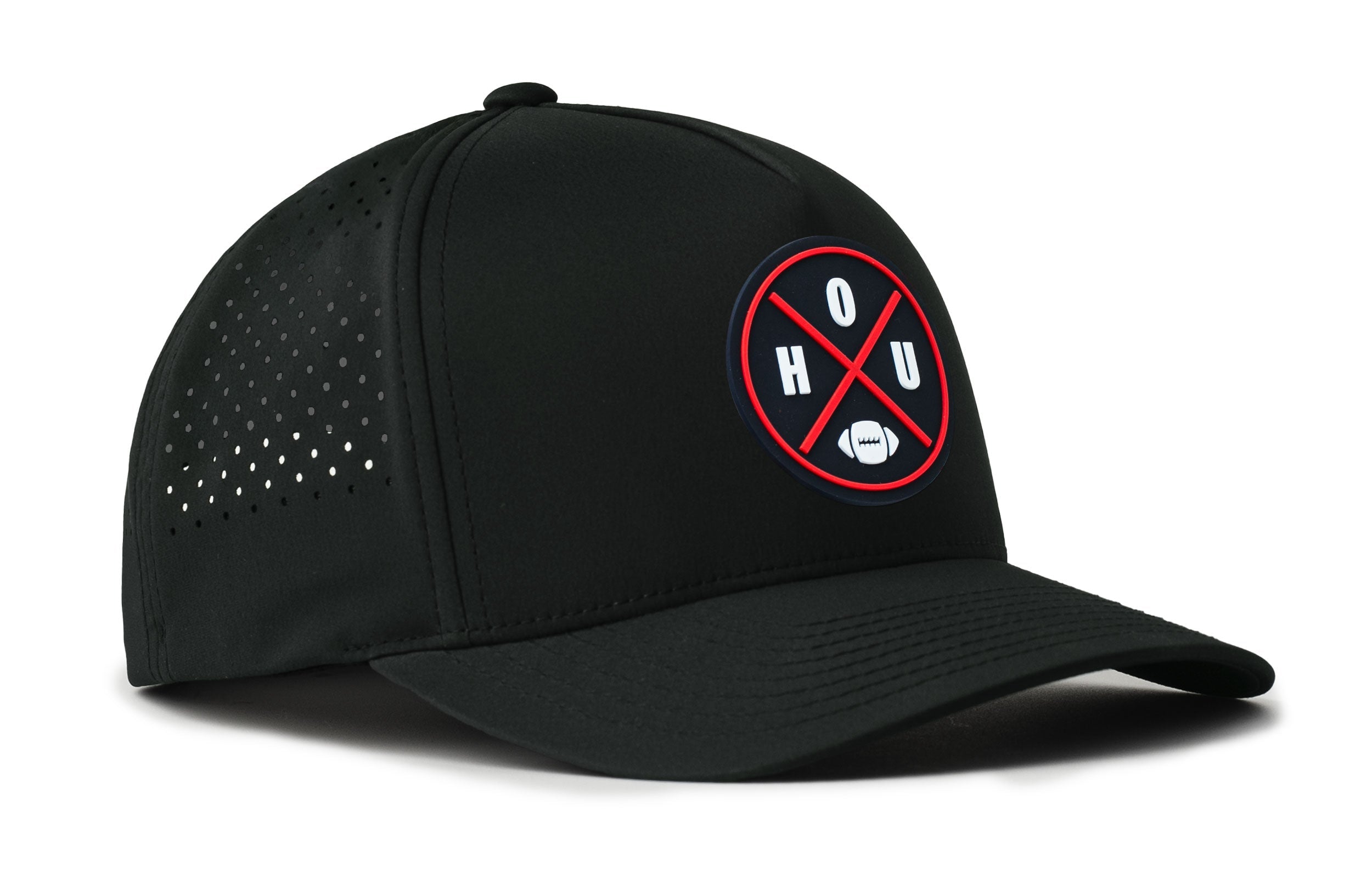 Black 5-panel performance snapback hat with front logo patch and perforated side detail.
