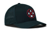 Navy 5-panel performance snapback hat with front logo patch and perforated side detail.