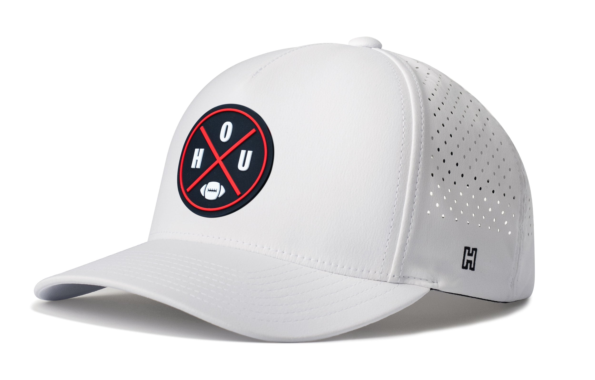 White 5-panel performance snapback hat with Houston-style logo patch and perforated side.