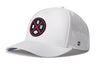 White 5-panel performance snapback hat with Houston-style logo patch and perforated side.