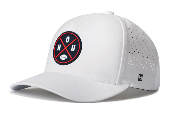 White 5-panel performance snapback hat with Houston-style logo patch and perforated side.