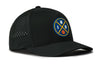 Black 5-panel performance snapback hat with perforated side panels and logo patch