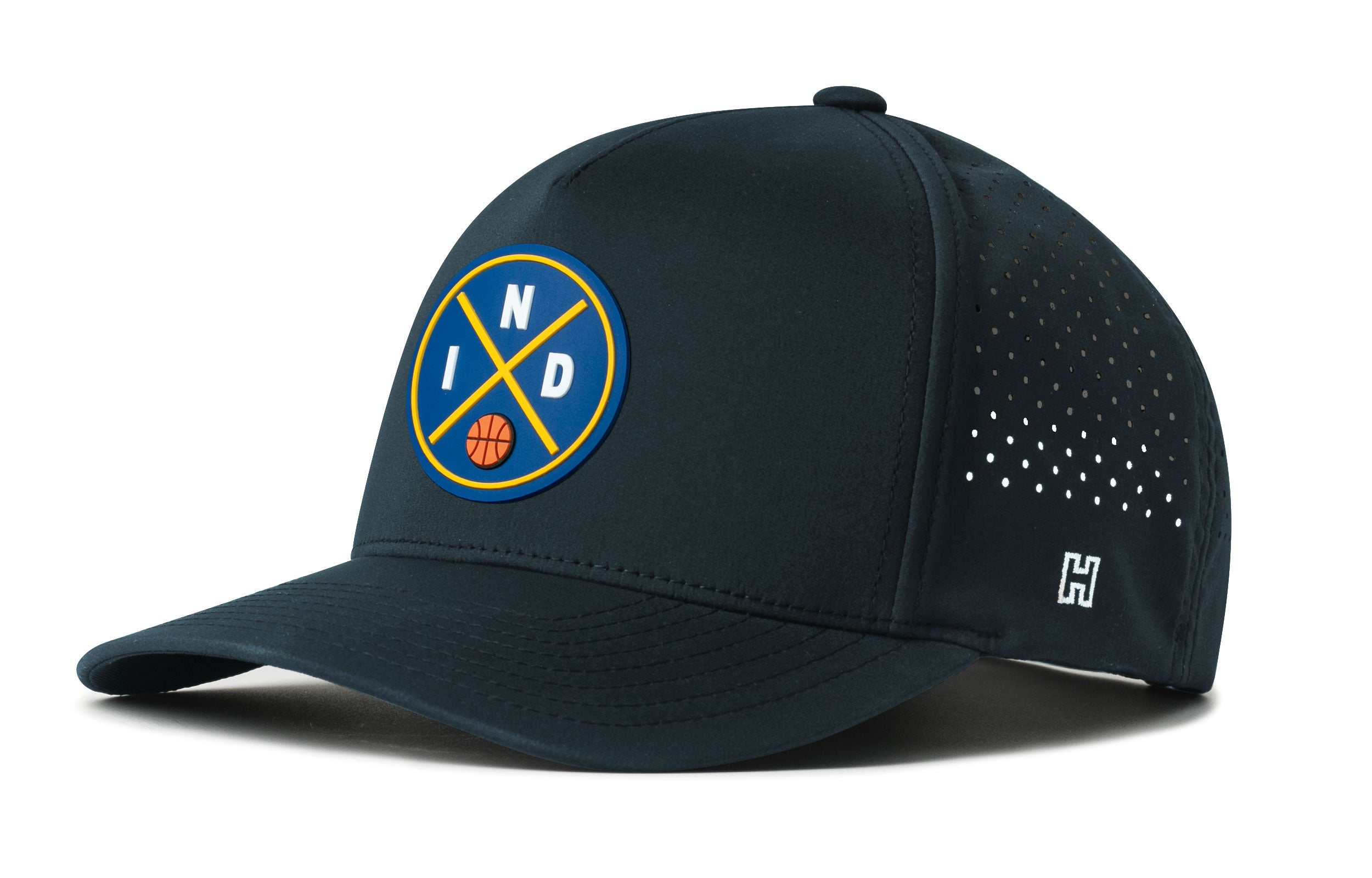 Navy 5-panel performance snapback hat with mesh back and front logo patch