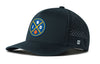 Navy 5-panel performance snapback hat with mesh back and front logo patch