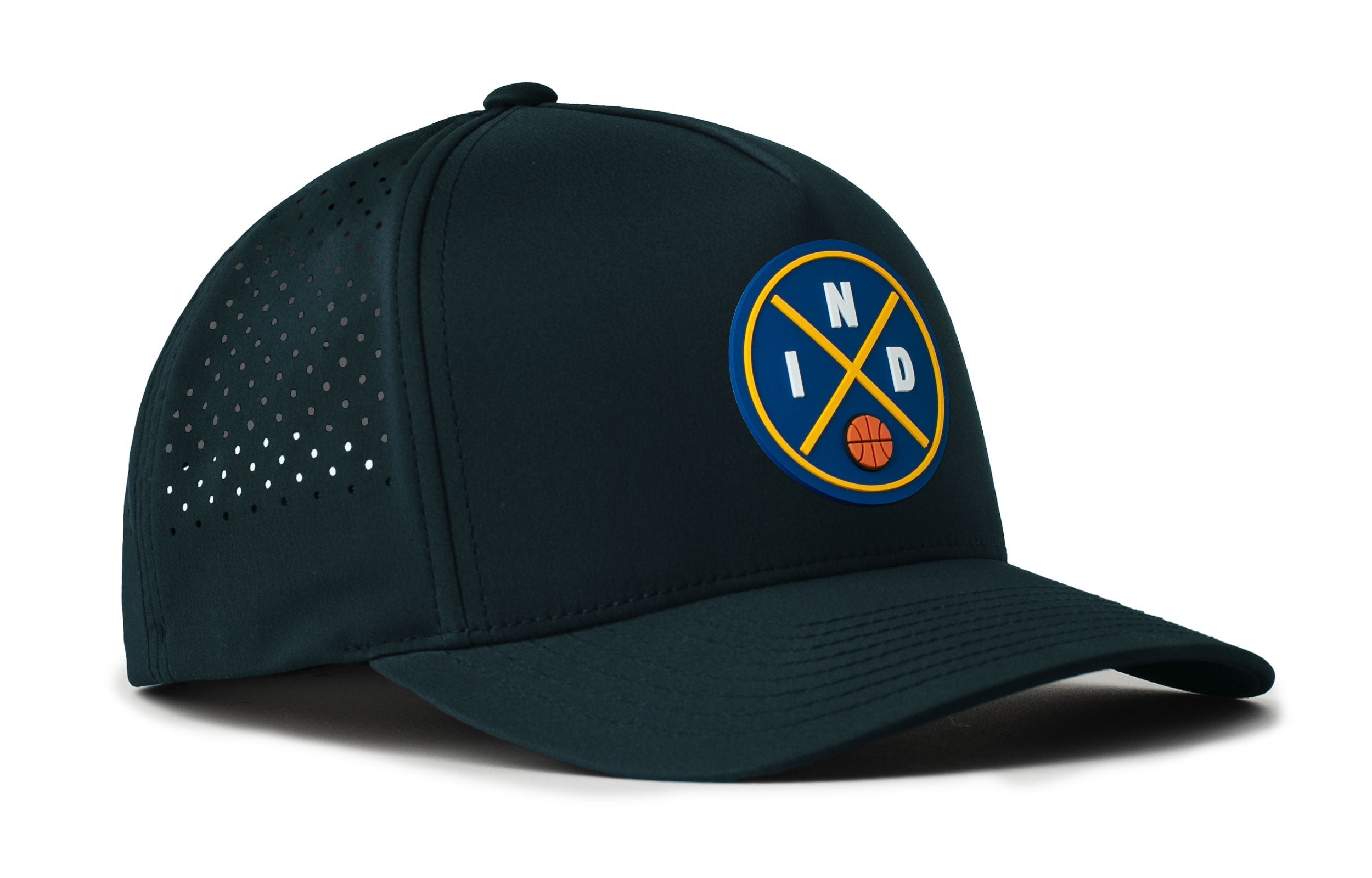 Deep green 5-panel performance snapback hat with perforated side panels and logo patch