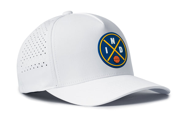 White 5-panel performance snapback hat with perforated side panels and front logo patch