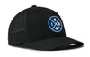 Black performance 5-panel football cap with blue circular logo and perforated side panel