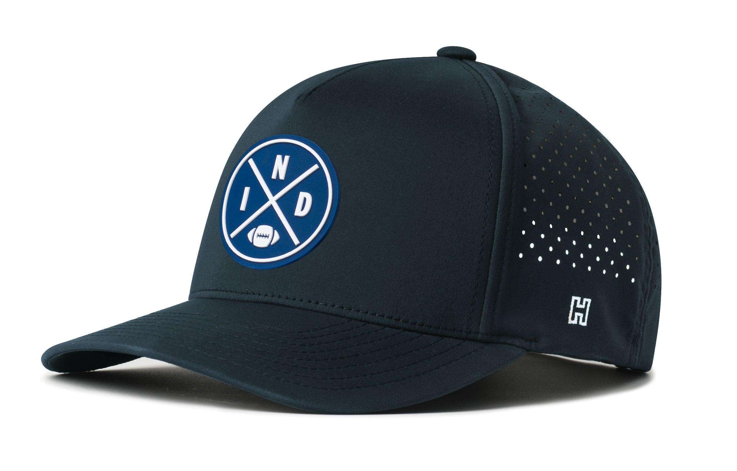 Navy performance 5-panel football cap with blue circular logo, perforated sides, small H