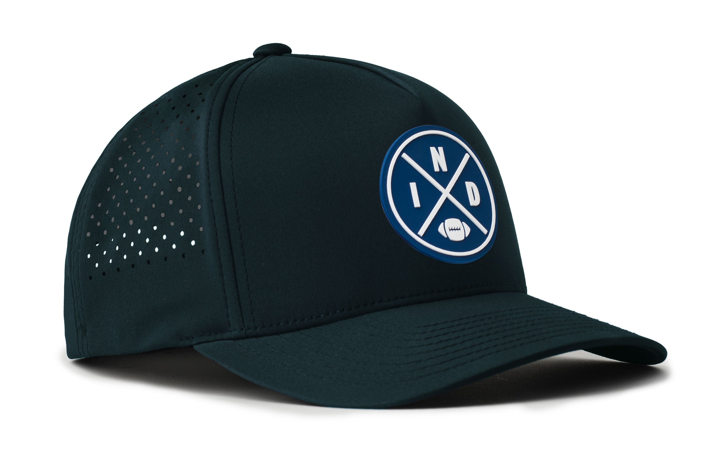 Navy performance 5-panel football cap with blue circular logo and perforated front side