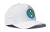 White 5-panel performance baseball cap with perforated side panels and JAX emblem patch