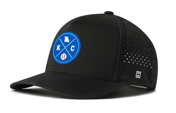 Black 5-panel baseball performance hat with front KC logo patch and perforated side