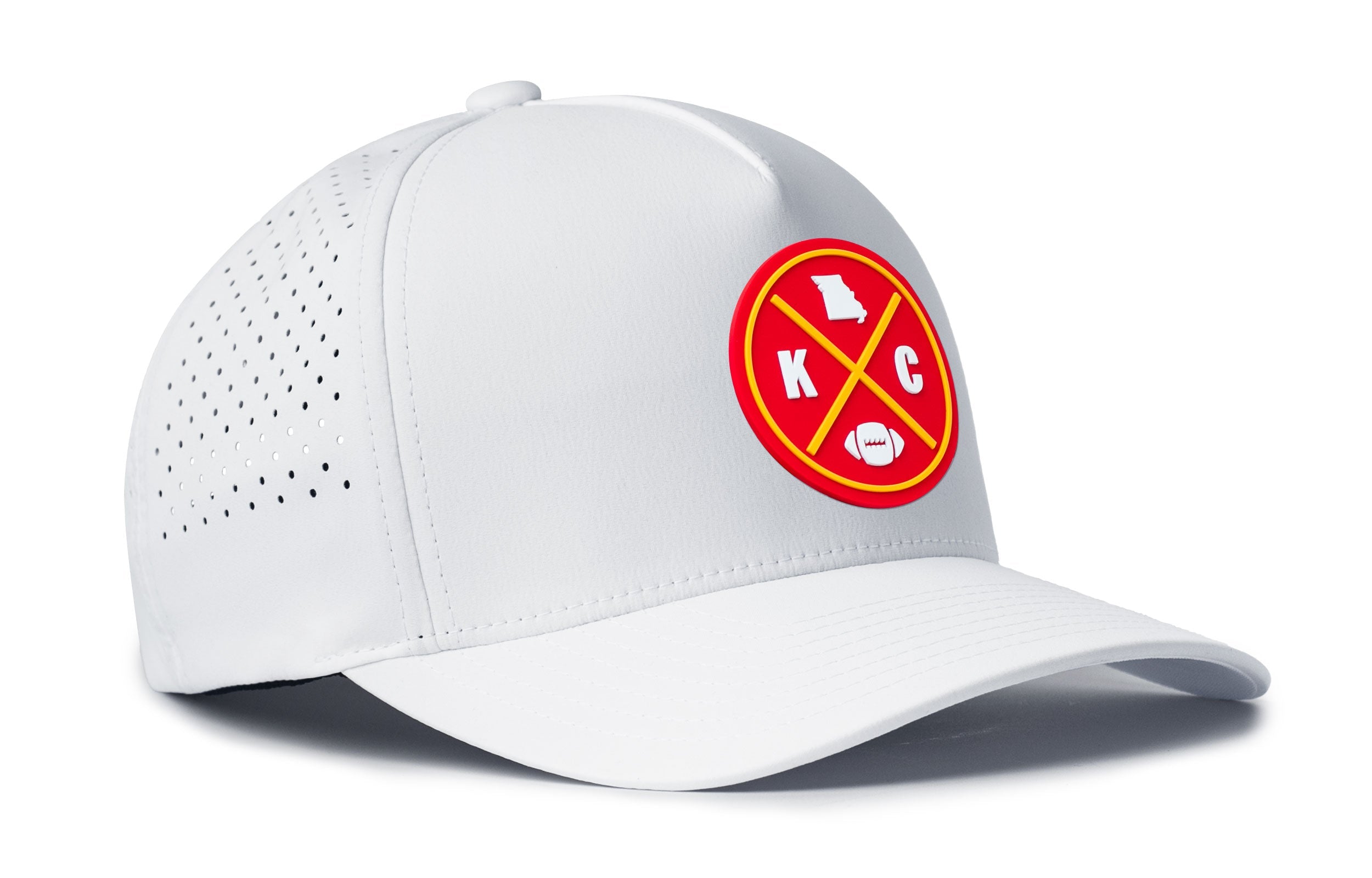 White 5-panel performance cap with side perforations and logo patch