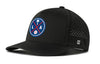 Black baseball 5-panel performance hat with LA logo patch, perforated side, curved brim.