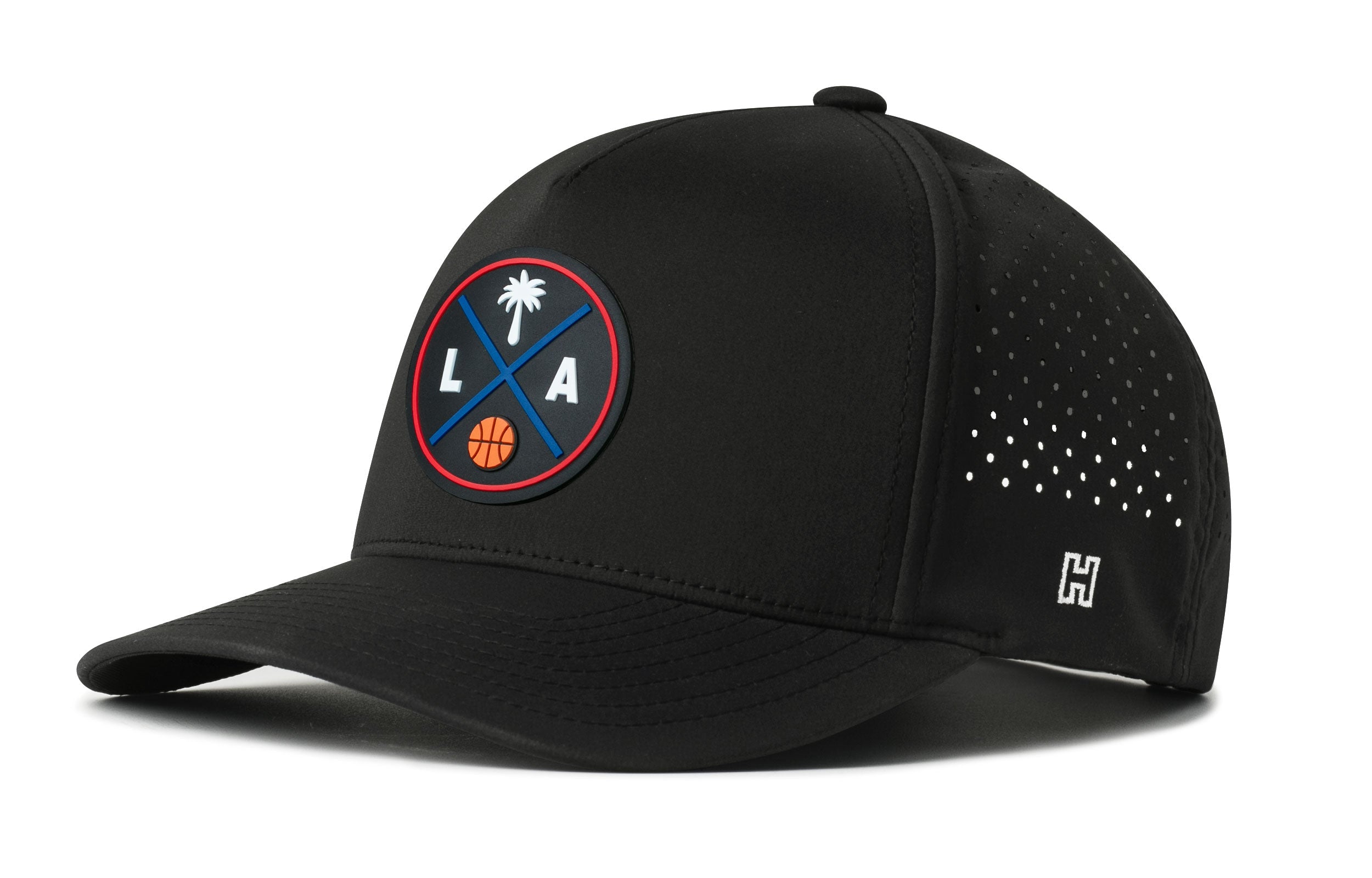 Black 5-panel snapback hat with basketball logo patch, dotted perforations, and H logo