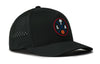 Black 5-panel snapback hat with basketball logo patch and dotted perforated side