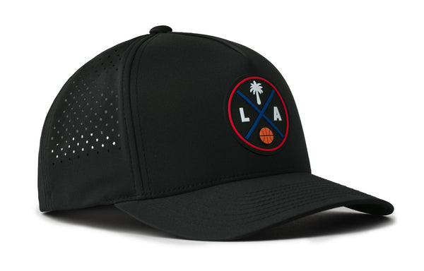 Black 5-panel snapback hat with basketball logo patch and dotted perforated side