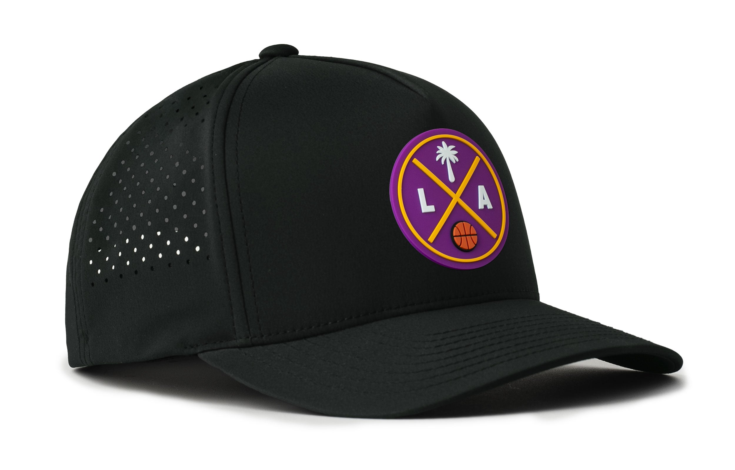 Black performance 5-panel baseball cap with purple LA logo patch and perforated side panels