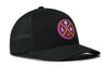 Black performance 5-panel baseball cap with purple LA logo patch and perforated side panels