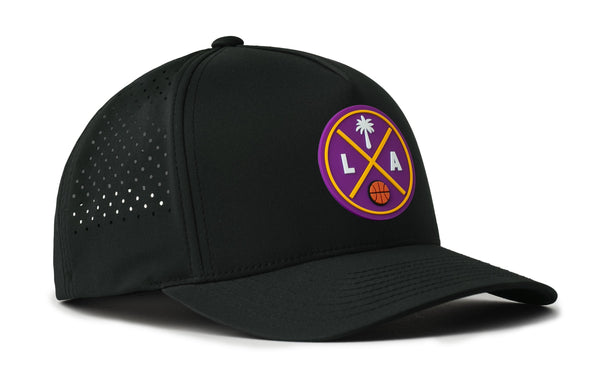 Black performance 5-panel baseball cap with purple LA logo patch and perforated side panels
