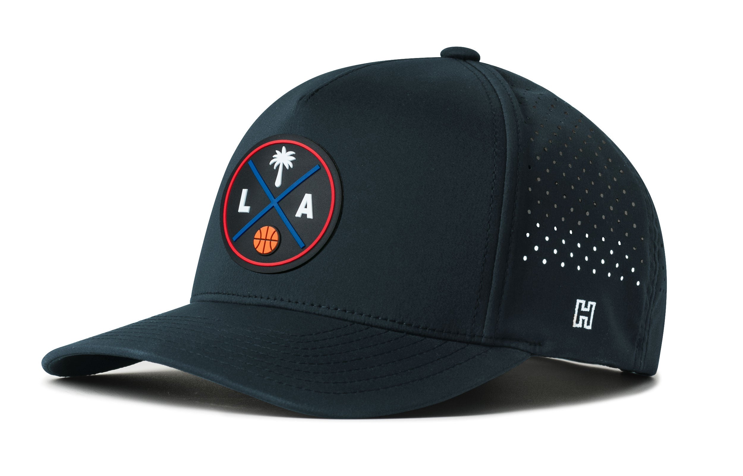 Navy 5-panel snapback hat with basketball logo patch and dotted perforations
