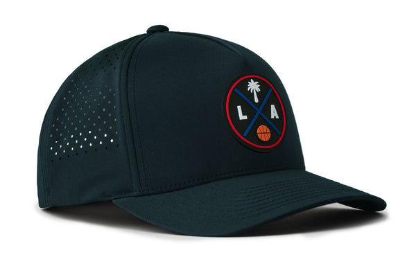 Teal 5-panel snapback hat with basketball logo patch and dotted perforations