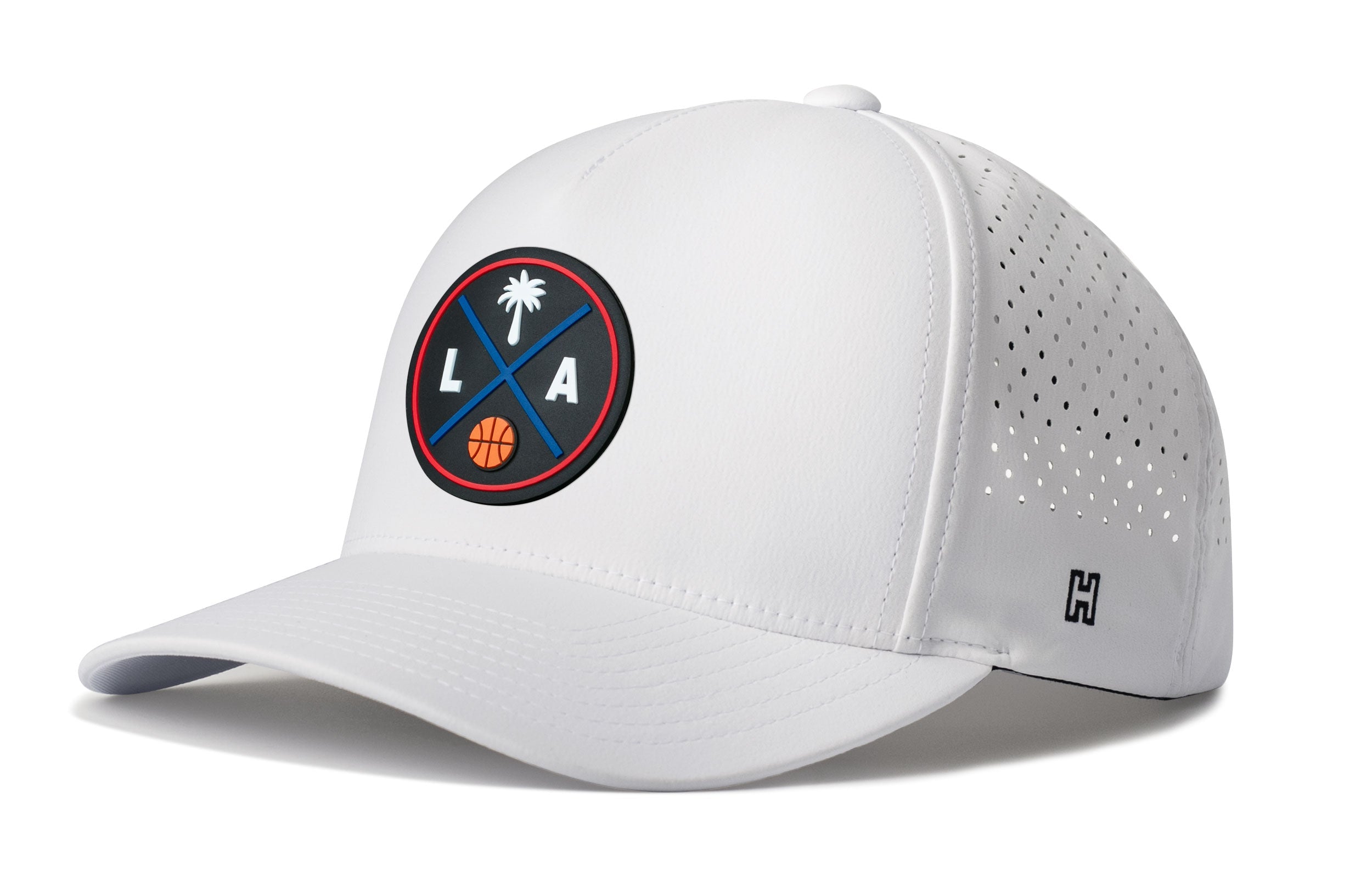 White 5-panel snapback hat with basketball logo patch and perforated side