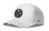 White 5-panel snapback hat with basketball logo patch and perforated side