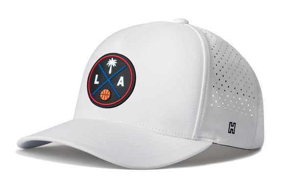 White 5-panel snapback hat with basketball logo patch and perforated side