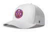 White performance 5-panel baseball cap with perforated side panels, snap closure, LA logo