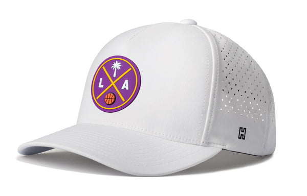 White performance 5-panel baseball cap with perforated side panels, snap closure, LA logo
