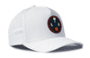 White 5-panel snapback hat with side perforations and basketball logo patch
