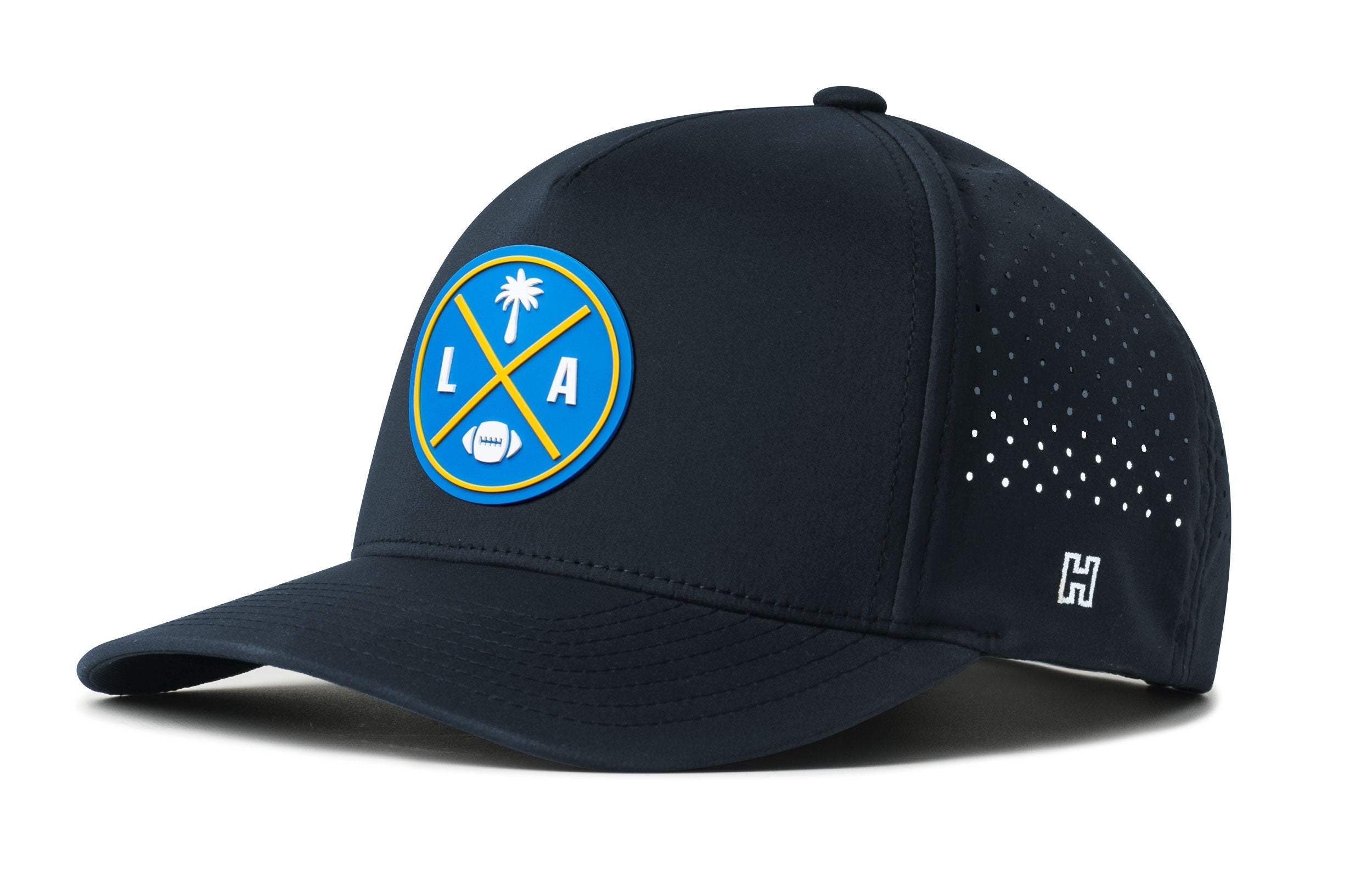 Navy 5-panel performance snapback hat with LA X circular logo patch and perforated side