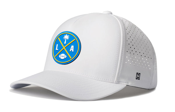 White 5-panel performance snapback hat with LA X circular logo patch and perforated side