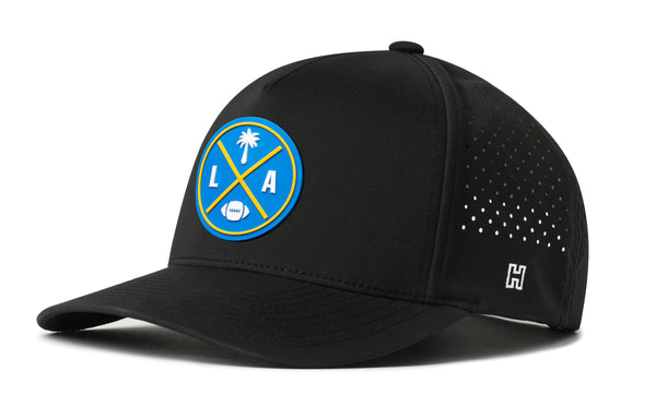 Black 5-panel performance snapback hat with LA X circular logo patch and perforated side