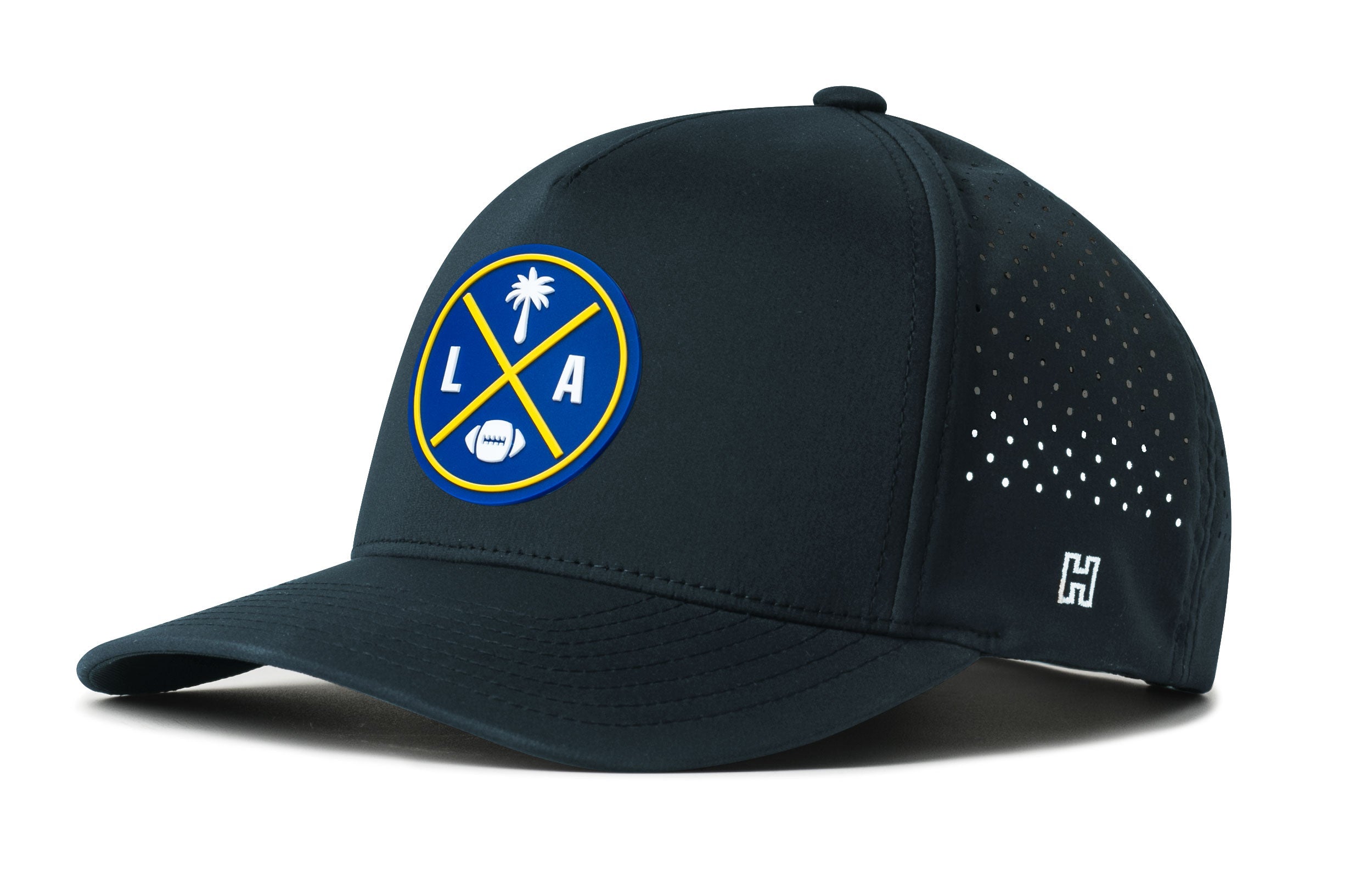 Dark blue 5-panel performance cap with LA logo patch and perforated side