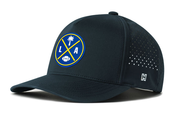 Dark blue 5-panel performance cap with LA logo patch and perforated side