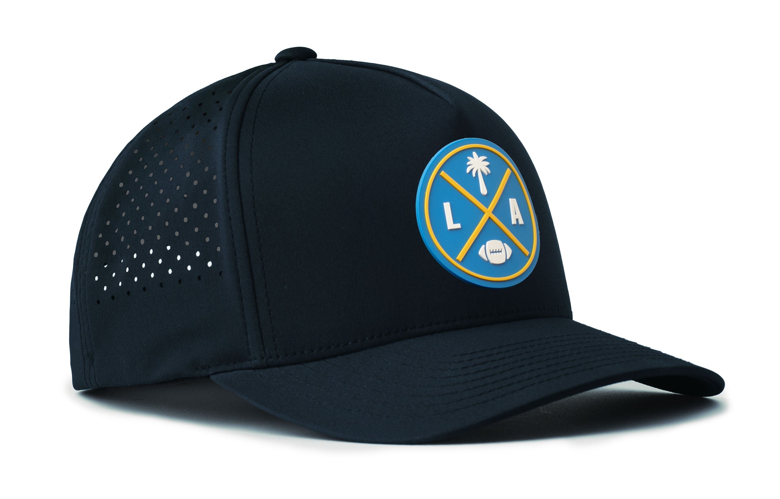 Navy 5-panel performance snapback hat with LA X front logo patch and perforated side