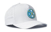 White 5-panel performance snapback hat with LA X side logo patch and perforated panels