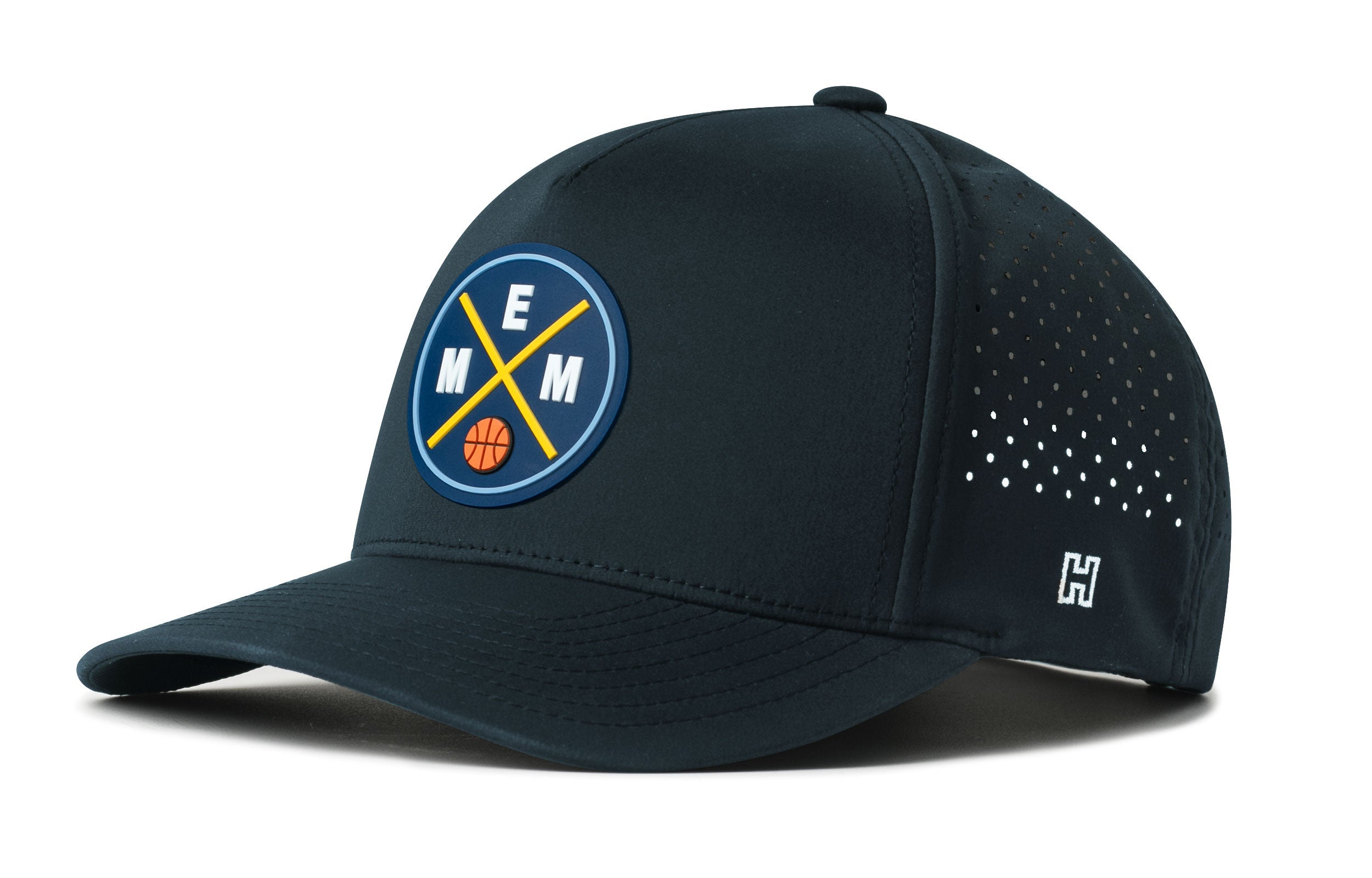 Navy 5-panel basketball performance snapback hat with perforated side panel and team patch logo