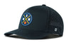 Navy 5-panel basketball performance snapback hat with perforated side panel and team patch logo
