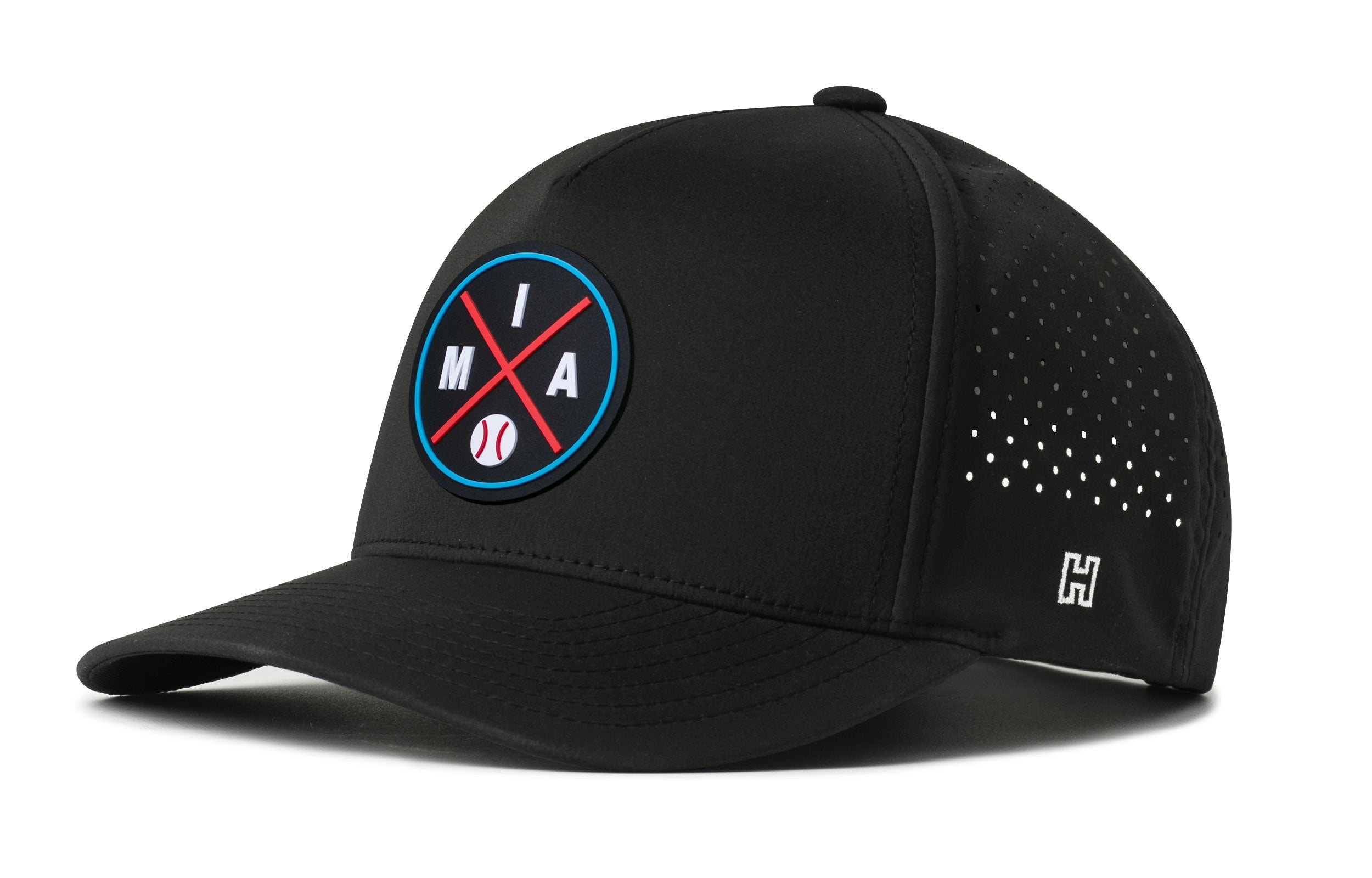 Black 5-panel baseball cap with circular logo patch and perforated side panels