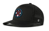 Black 5-panel baseball cap with circular logo patch and perforated side panels