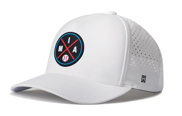 White 5-panel baseball cap with circular logo patch and perforated side panels