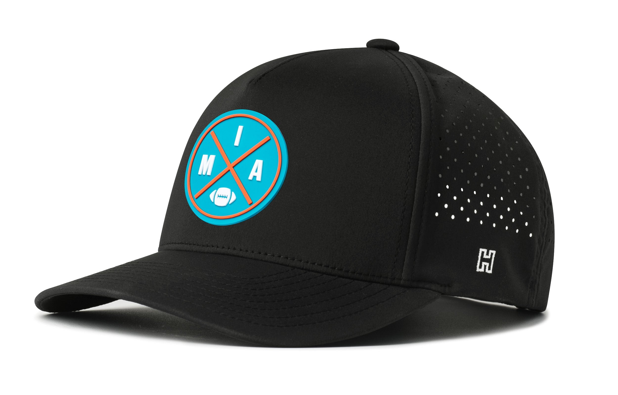 Black 5-panel snapback performance hat with circular MIA logo patch and perforated side
