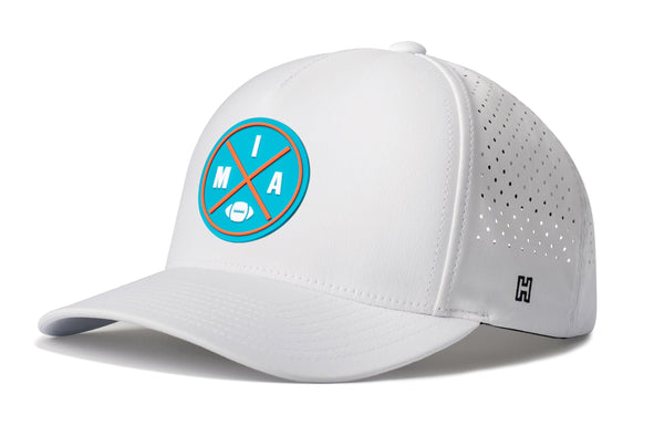 White 5-panel snapback performance hat with circular MIA logo patch and perforated sides
