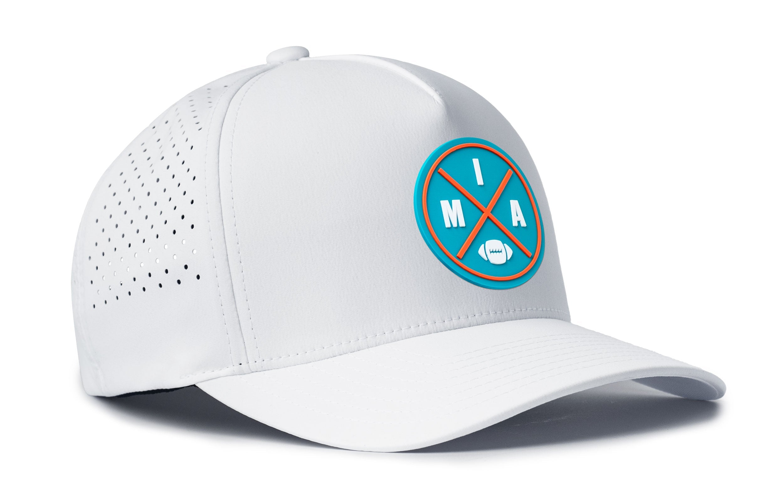 White 5-panel snapback hat with MIA logo patch and dotted perforations on side