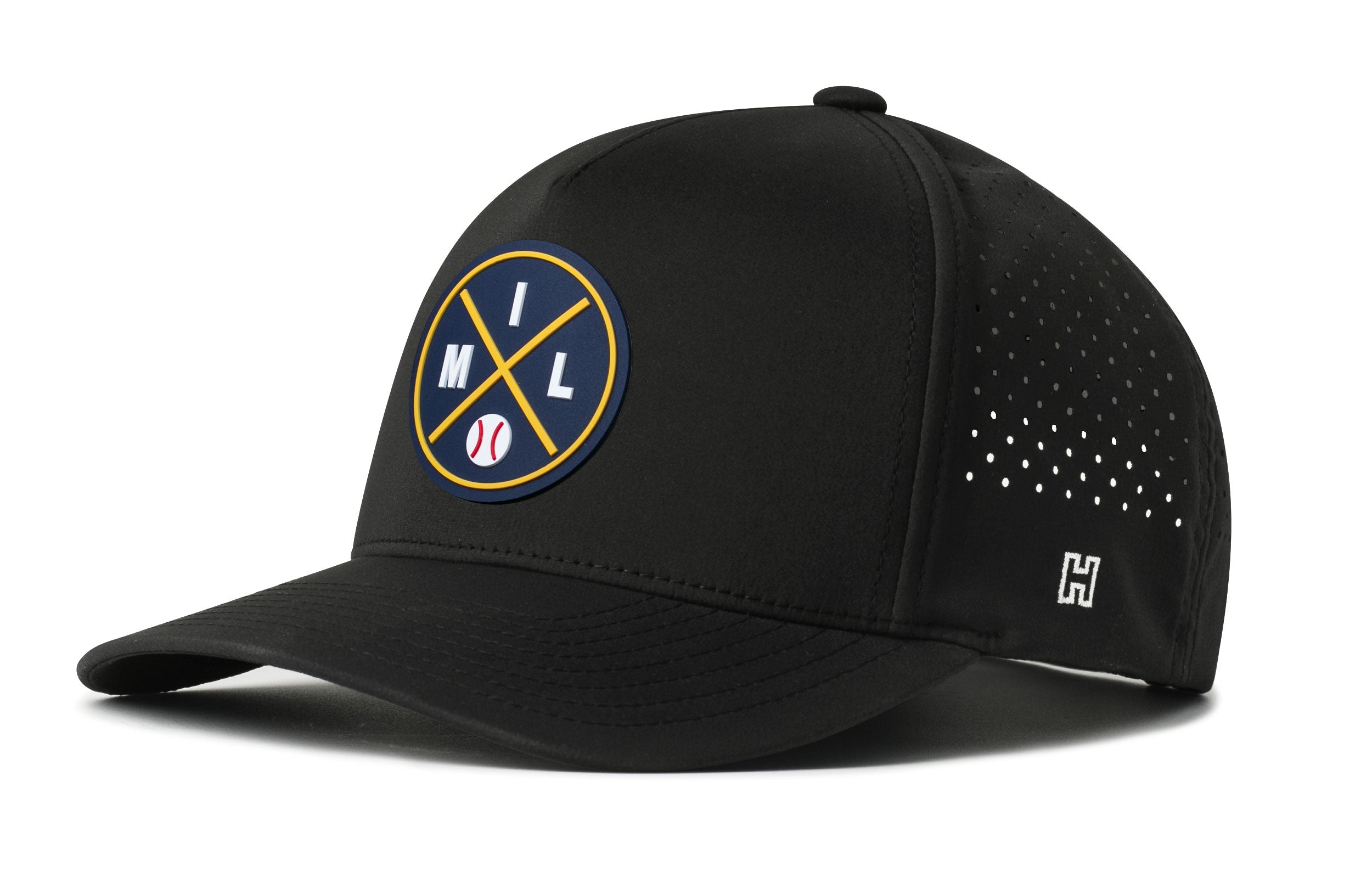 Black 5-panel baseball cap with logo patch and perforated side panels