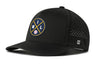 Black 5-panel baseball cap with logo patch and perforated side panels