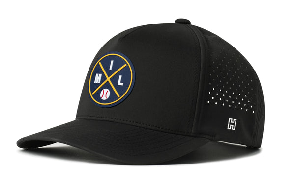 Black 5-panel baseball cap with logo patch and perforated side panels