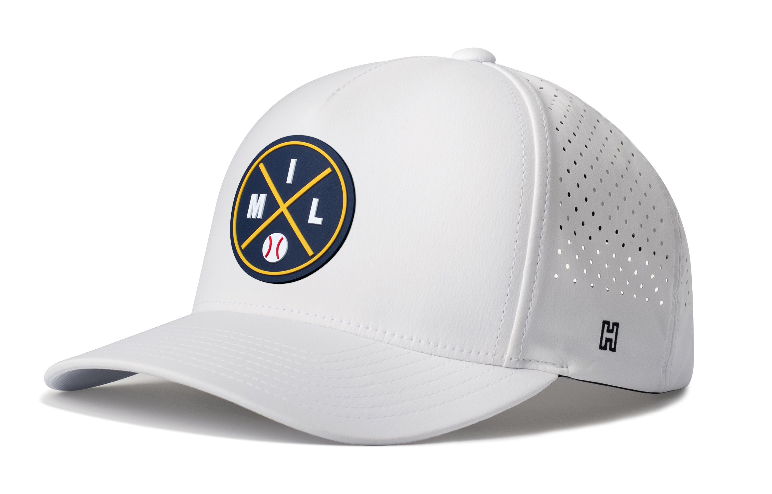 White 5-panel baseball cap with logo patch and perforated side panels
